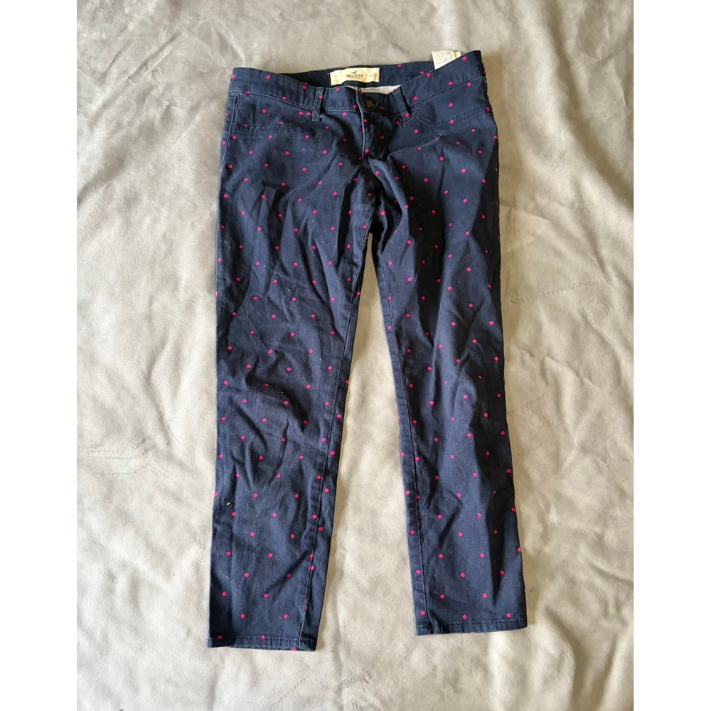 Hollister Navy Blue Pink Polka Dot Skinny Pants Low Rise Chino Size 7 W28